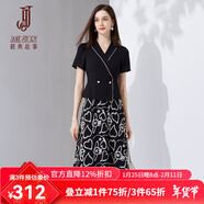 經(jīng)典故事（JANE STORY）法式西裝領(lǐng)碎花連衣裙女2024夏季新款設計感拼接時(shí)尚收腰顯瘦長(cháng)裙 黑色 2XL