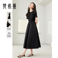 梵希蔓簡(jiǎn)約通勤短袖連衣裙女2025年夏季新款收腰顯瘦小黑裙子 黑色  S 