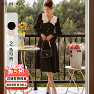Olrain【5折】V領(lǐng)雪紡連衣裙女秋秋收腰顯瘦氣質(zhì)復古蕾絲拼接長(cháng)裙子 黑色 S 155/80A