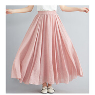 森女文藝大碼棉麻半身裙松緊腰A字裙長(cháng)款純色民族風(fēng)大擺裙 24色 珊瑚色 M -85CM