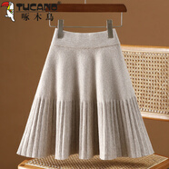 啄木鳥(niǎo)（TUCANO）針織半身裙女2026秋冬新款高腰顯瘦a字外穿傘裙彈力大擺百褶短裙 燕麥色 S