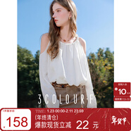 三彩2025春季新款編織感圓領(lǐng)露肩長(cháng)袖印花白襯衣寬松套頭F