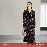 顏域長(cháng)袖V領(lǐng)茶歇連衣裙女春裝2024新款輕熟收腰顯瘦氣質(zhì)碎花長(cháng)裙 黑花 S/36