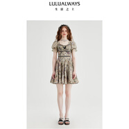 LULUALWAYS我愛(ài)露露25夏季新款法式宮廷收腰顯瘦雪紡提花蕾絲連衣裙女禮服 淺綠色 2 XL