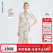 朗姿【蘭亭敘】2025年夏季新款v領(lǐng)泡泡袖白色提花連衣裙女 薄霧草地色 2XL