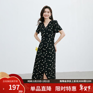 紅袖波點(diǎn)收腰連衣裙夏季新款女裝法式V領(lǐng)顯瘦減齡氣質(zhì)黑色顯白雪紡裙 黑底米點(diǎn)818 S