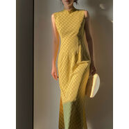 Srsoe格致覆古格子斜裁新中式改良旗袍裙女日?？铒@瘦國風(fēng)洋裝 黃色 S S