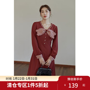 獨束【落日海棠系列】大碼復古連衣裙女秋冬新款胖mm顯瘦內搭裙 磚紅色-v領(lǐng) L