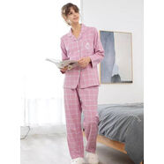 美標睡衣女全棉100純棉秋冬季梭織長(cháng)袖長(cháng)褲可外穿格子家居服套裝 粉紫98468 XL