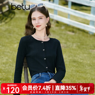 百圖betu女裝秋新款T恤圓領(lǐng)長(cháng)袖精致蝴蝶結紐扣針織T恤女2308T19 黑色 S