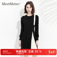 MeetMetro瑪依爾不規則撞色連衣裙女2025夏裝設計感蝴蝶結百褶裙氣質(zhì)a字裙 黑白MJ936933 M