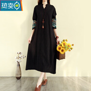 夏典素訂女王（SE.PSTP）復古民族風(fēng)棉麻連衣裙秋冬長(cháng)款過(guò)膝文藝刺繡氣質(zhì)長(cháng)裙子寬松森女系 黑色 XL
