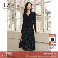 玖姿·安娜蔻【蕾絲映夢(mèng)】假兩件拼接壓褶毛衫連衣裙女春款 素黑 M