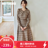 ROEYSHOUSE羅衣復古格子毛呢連衣裙秋裝新款泡泡袖系帶大擺中長(cháng)裙09587 格子 L