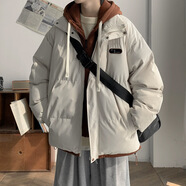 假兩件棉服男款秋冬寬松休閑加厚保暖棉衣外套潮流學(xué)生連帽棉襖子 杏色 S