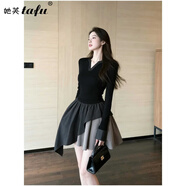 她芙（tafu）品牌女裝法式連衣裙女2026春秋新款小個(gè)子不規則撞色收腰長(cháng)袖裙子 黑色 S