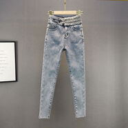 白色加絨牛仔褲女加厚保暖冬新款棉彈高腰修身顯瘦歐貨鑲鉆小腳褲 藍色加絨款 S S