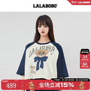 拉拉波波【領(lǐng)結小熊】LALABOBO 25年T恤撞色夏新款女原創(chuàng  )潮牌短袖印花上衣 藍色 S