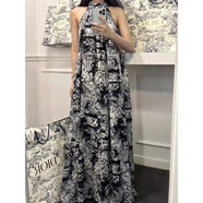 韓國chic夏季復古民族風(fēng)立領(lǐng)水墨印花寬松休閑長(cháng)款掛脖式連衣裙女 黑色 均碼 均碼