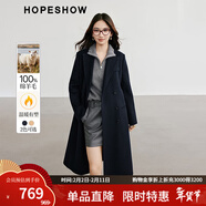 紅袖高級感正肩雙面呢大衣冬季新款女裝H型槍駁領(lǐng)100%綿羊毛外套 藏青495 XL