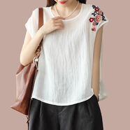 夏季亞麻女裝棉質(zhì)短袖t恤高端棉麻襯衫女寬松大碼中年媽媽 白色 【A022單件裝】 XL 【建議115-130斤內】