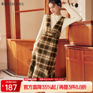 Olrain歐芮兒法式格子背帶連衣裙女秋冬年收腰復古背心裙 咖格 S