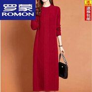 羅蒙（ROMON）婚禮裙羊毛連衣裙女秋冬新款圓領(lǐng)復古毛衣裙長(cháng)款過(guò)膝打底 酒紅色 2XL 130-139斤