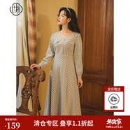 固執（OBSTINATE）【清倉價(jià)】復古格子連衣裙女秋新款日常氣質(zhì)顯瘦方領(lǐng)中長(cháng)款A字裙 灰藍 M