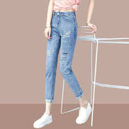 ?？|竺黑色加絨松緊腰牛仔褲女秋季冬季牛仔燈籠褲老爹褲束腳蘿卜褲 399#淺藍色 S