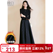 晚白【加絨款】爆款內搭保暖小黑裙冬款時(shí)尚長(cháng)裙顯瘦a字連衣裙 黑色 L