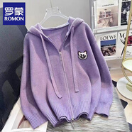 羅蒙（ROMON）連帽拉鏈針織衫女春季新款韓版卡通開(kāi)衫毛衣寬松外套女洋氣上衣 紫色 均碼 (適合80-140斤)