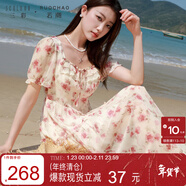 三彩大碼女裝2025夏季新款法式方領(lǐng)雪紡印花連衣裙短袖收腰浪漫胖MM