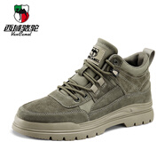 西域駱駝（VANCAMEL）西域駱駝工裝鞋男冬季保暖加絨低幫短靴男士真皮復古棉鞋 軍綠單鞋 41