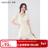 西遇V領(lǐng)泡泡袖連衣裙女2025年早夏新款法式褶皺收腰修身包臀裙子 黃色 L