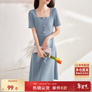 尚都比拉短袖連衣裙女夏季復古赫本風(fēng)氣質(zhì)通勤裙子中長(cháng)款A字裙 灰藍色 S