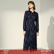 顏域鏤空蕾絲連衣裙秋裝女款2024年新款中長(cháng)款長(cháng)袖翻領(lǐng)收腰裙子女 深藍 S/36