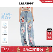LALABOBO[防曬防紫外線(xiàn)]趣味闊腿褲女2025夏新款寬松百搭長(cháng)褲LBEB-WXZC22 藍色 輕薄 M