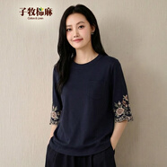 子牧棉麻2026春夏裝 女民族風(fēng)百搭五分袖T恤寬松現顯瘦刺繡上衣Y 白色 L (建議110-120斤)