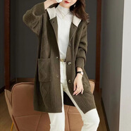 秋冬連帽中長(cháng)款針織毛衣女寬松時(shí)尚加厚毛衣外套新款撞色風(fēng)衣開(kāi)衫 軍綠 L （95-105斤