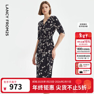 朗姿法式碎花復古設計感黑色連衣裙新款長(cháng)裙夏季高級感裙子女 黑色3 L