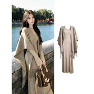 法式復古v領(lǐng)針織長(cháng)袖連衣裙子女秋冬季氣質(zhì)修身外搭披肩斗篷套裝 卡其色連衣裙 S