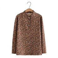 夏典素訂女王（SE.PSTP）休閑襯衫女春裝新款印花民族風(fēng)長(cháng)袖打底衫大碼女裝中老年洋氣媽媽 咖色小花 春秋款 XL 建議90-110斤