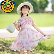 G.duck公主裙女童2025新款洋氣兒童雪紡連衣裙夏裝碎花裙女孩沙灘吊帶裙 098仙粉碎花裙 100 cm
