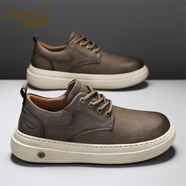 鱷魚(yú)恤男士休閑皮鞋2026新款春季英倫風(fēng)復古工裝板鞋棕色厚底男鞋板鞋男 軍綠 41