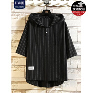 軒森圖（XUANSENTU）微胖男生顯瘦穿搭夏季短袖T恤男條紋連帽半袖體恤寬松大碼胖子潮 黑色T恤 M (165) 建議85-120斤