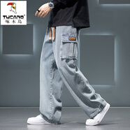啄木鳥(niǎo)（TUCANO）大碼直筒牛仔休閑褲子男秋冬季加絨寬松加肥加大胖子闊腿長(cháng)褲男 FJA363-A505灰藍色 5XL 【推薦200-215斤】