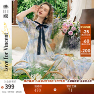 兩三事梵高法式油畫(huà)仙女裙海邊度假連衣裙夏季短袖裙子女沉醉入夢(mèng) 藍色 L