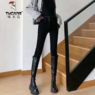 啄木鳥(niǎo)高腰加絨牛仔褲女秋冬季大碼2025年新款小腳修身顯瘦鉛筆褲緊身褲 黑色不+絨 【長(cháng)褲】薄 輕薄 S 【建議90-100斤內】