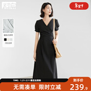 對白法式氣質(zhì)V領(lǐng)連衣裙女夏季2025新款設計感綁帶溫柔風(fēng)收腰裙子 固黑色 S