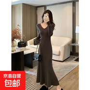 v領(lǐng)針織連衣裙女春秋季新品修身氣質(zhì)內搭打底毛衣包臀魚(yú)尾長(cháng)裙子 4452灰色 L 【建議110斤-120斤】